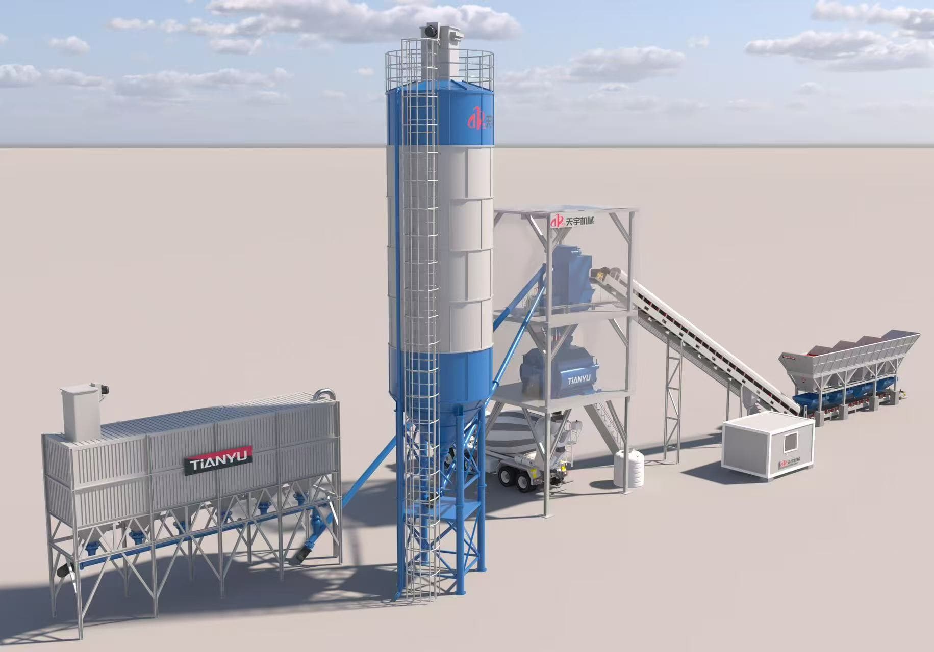 TIANYU belt-conveyor concrete batching plant, 3D engineering render